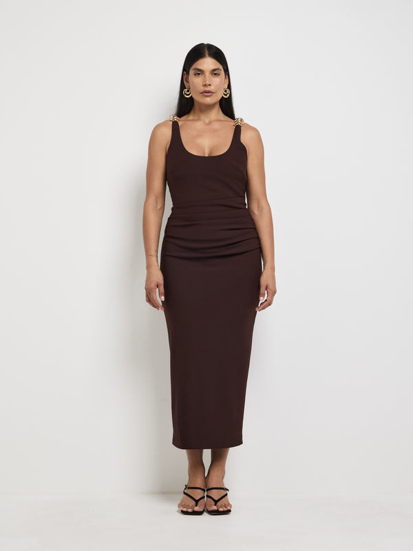 Size12 SHEIKE Azaria Midi Dress Chocolate 1007857 Front Image