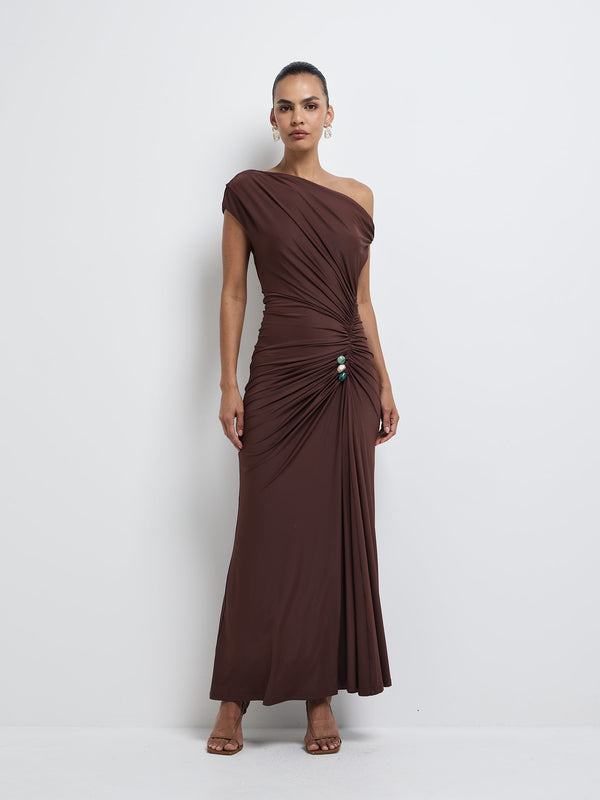 Size8 SHEIKE Angelina Maxi Dress Chocolate 1008215 Front Image