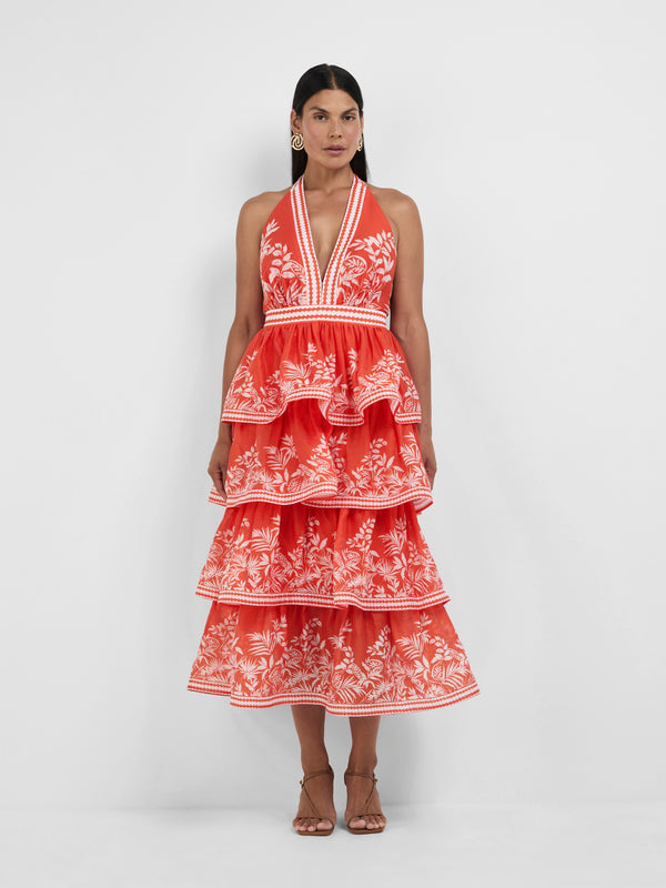 Size12 SHEIKE Ravello Palm Dress Red Print 1008256 Front Image