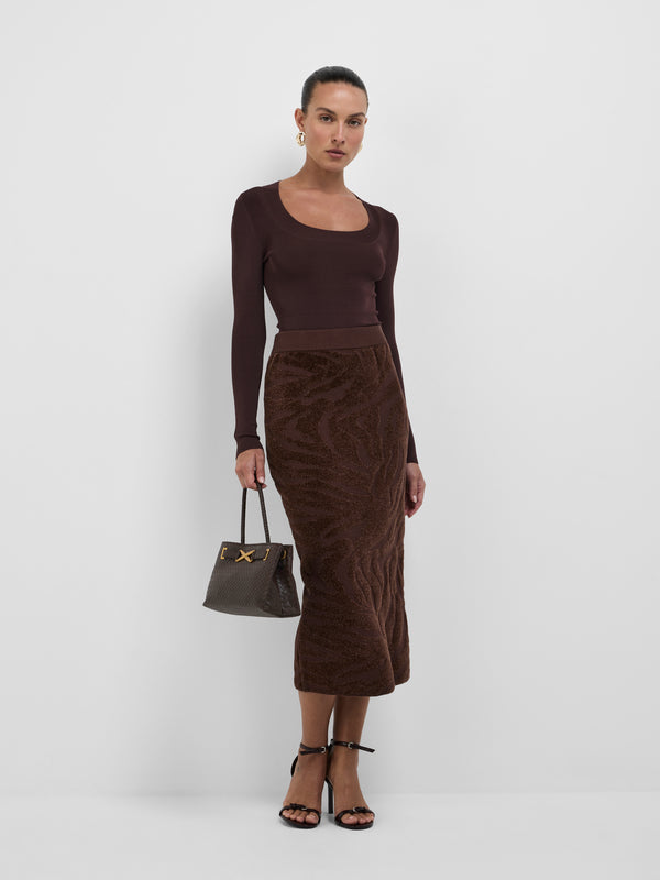 SHEIKE Rita Knit Skirt Chocolate 1008528 Styled Front Image