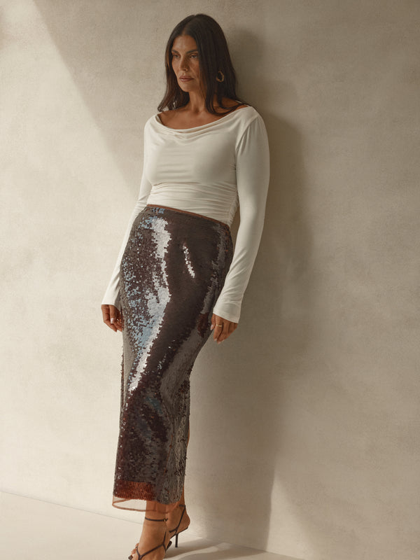 Size12 SHEIKE Valerie Midi Skirt Chocolate 1007831 Campaign Image
